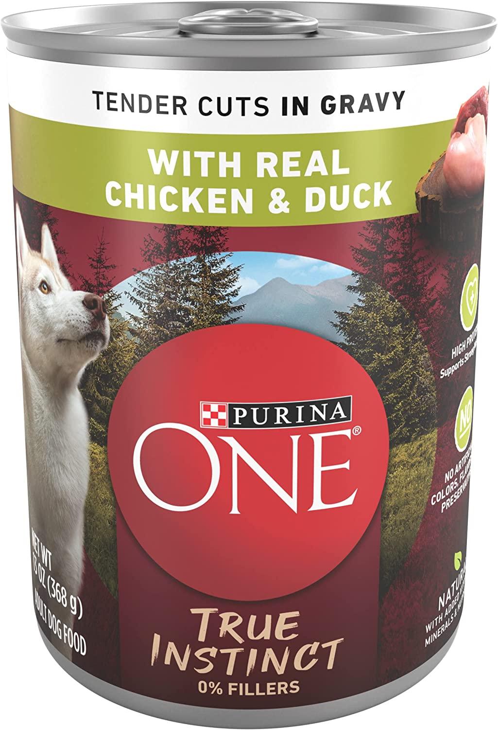 https://www.basketryplace.shop/products/purina-one-high-protein-wet-dog-food-true-instinct-tender-cuts-in-dog-food-gravy-with-real-chicken-and-duck-12-13-oz-cans - Basketryplace