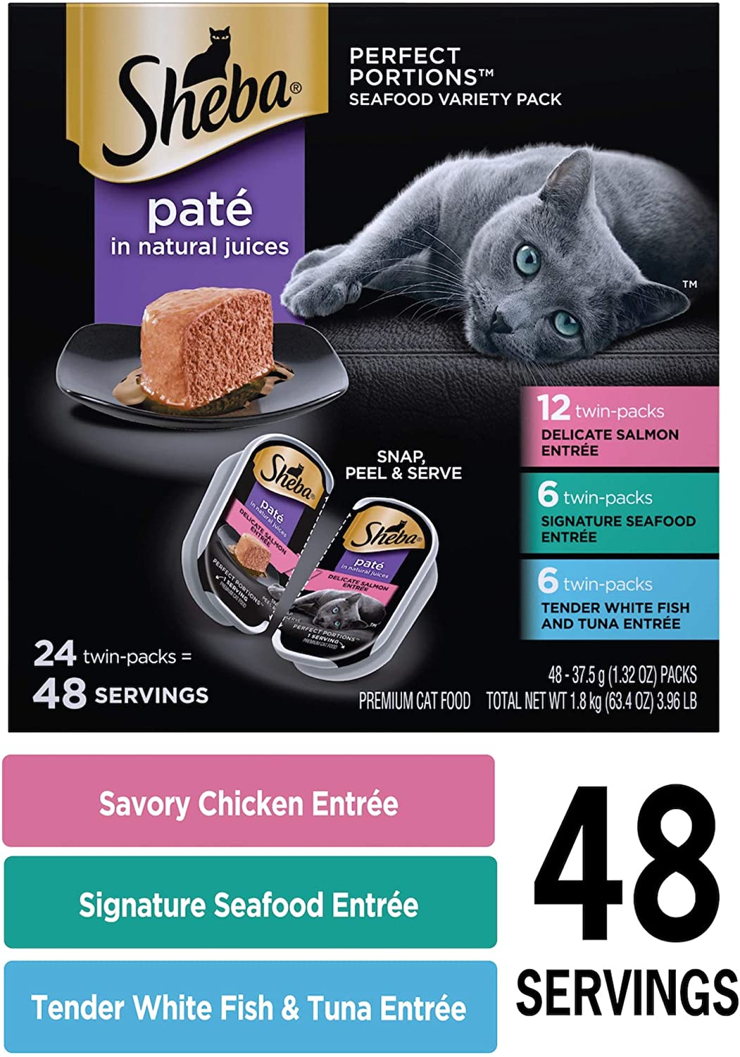 SHEBA PERFECT PORTIONS Paté Adult Wet Cat Food Trays (24 Count, 48 Servings), Signature Seafood Entrée, Easy Peel Twin-Pack Trays - Basketryplace